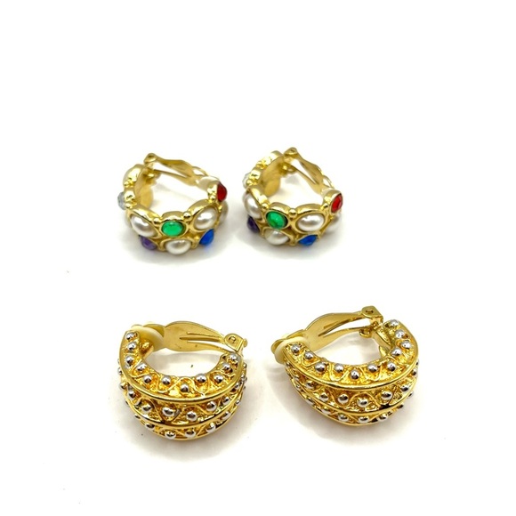 Earring Lot 5 Pairs Chunky Earrings with Ornate Clip on Earrings Gold Tone - Picture 13 of 16